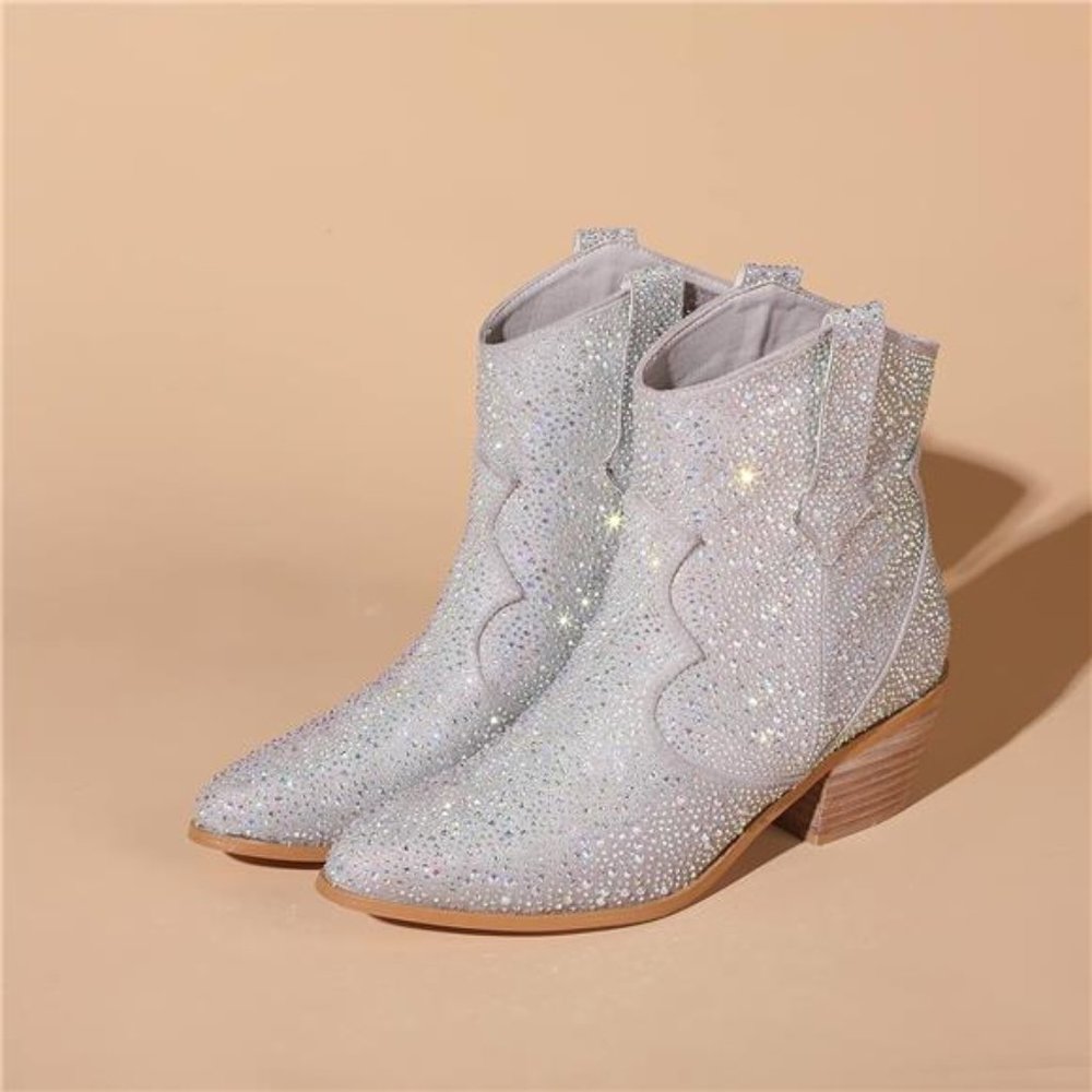Women's Rhinestone Cowboy Boots Sparkly Knee High Boots Fashion Pointed - Picture 5 of 8
